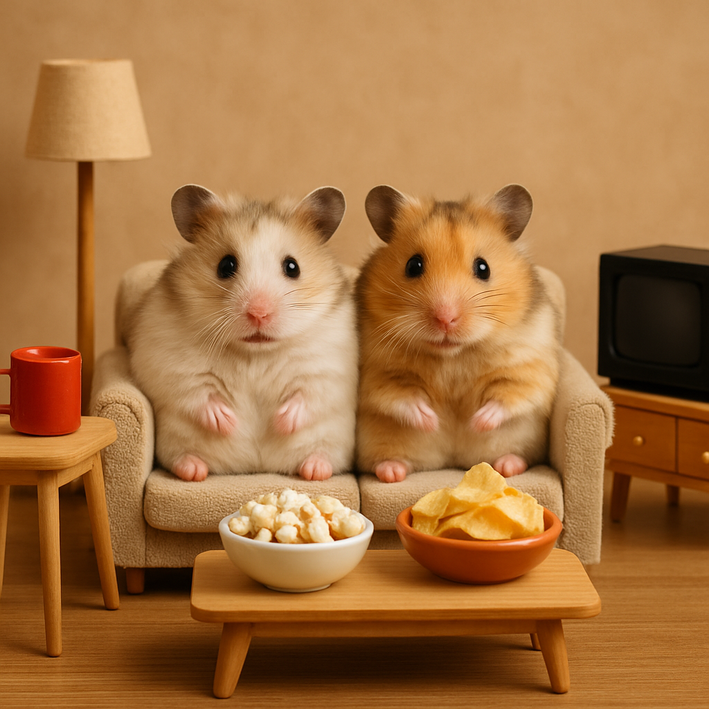 Two real-looking hamsters sitting on a tiny couch, surrounded by miniature furniture and snacks, looking like they're watching TV together