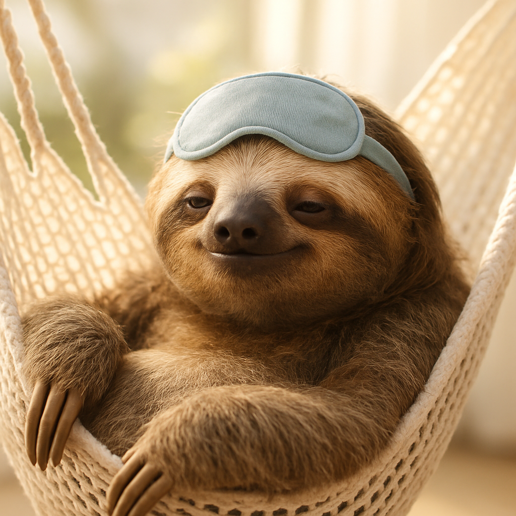 A real-looking sloth reclining in a hammock with a sleep mask pushed up on its head