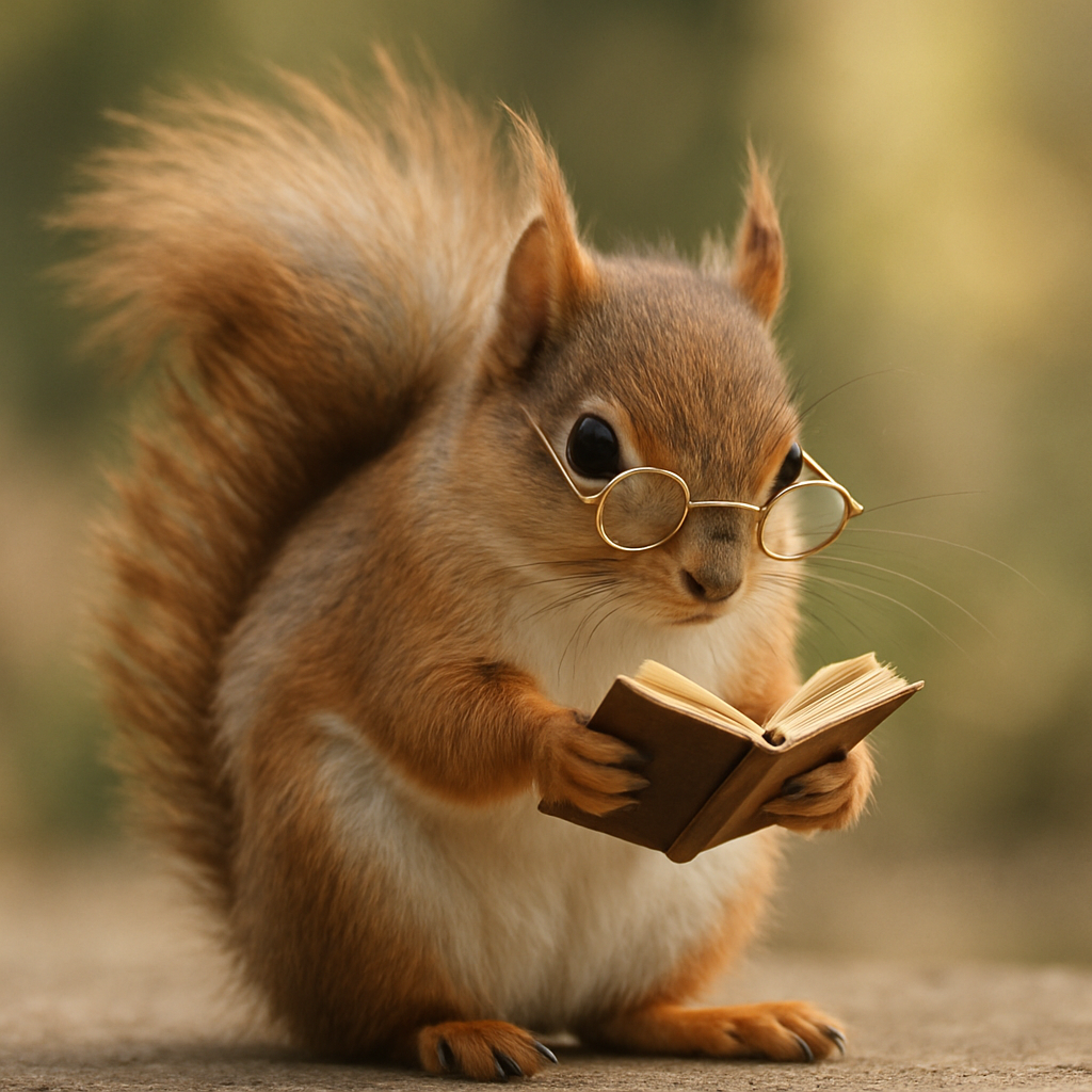 A real-looking squirrel holding a tiny book and wearing reading glasses