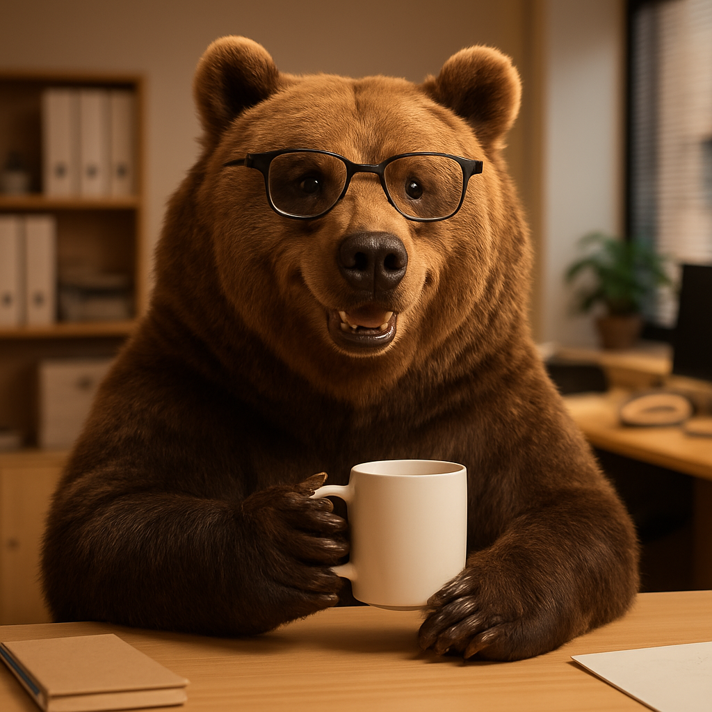 A real-looking brown bear sitting at a desk in glasses, holding a coffee mug and smiling like a friendly manager
