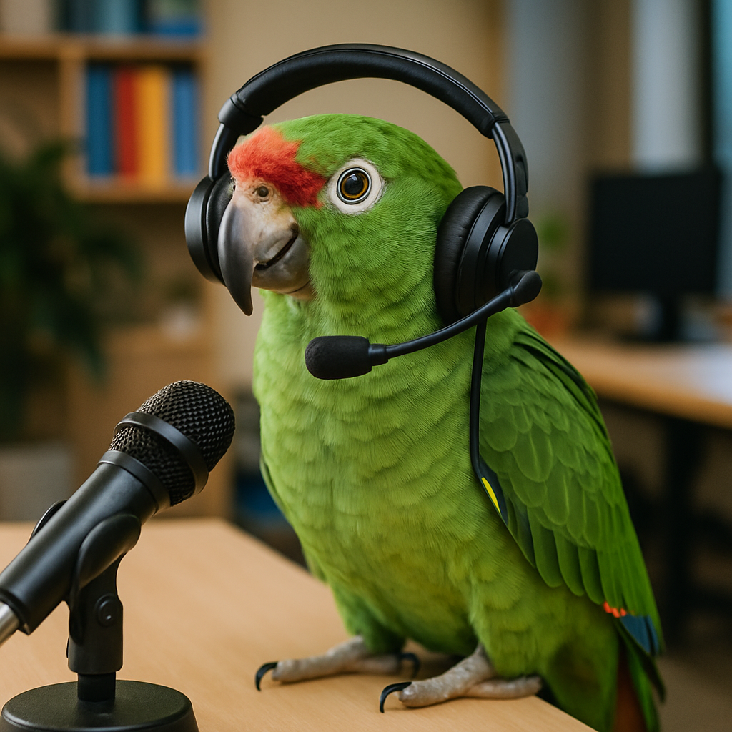 A real-looking green parrot wearing a headset, perched by a microphone as if running a podcast or team meeting