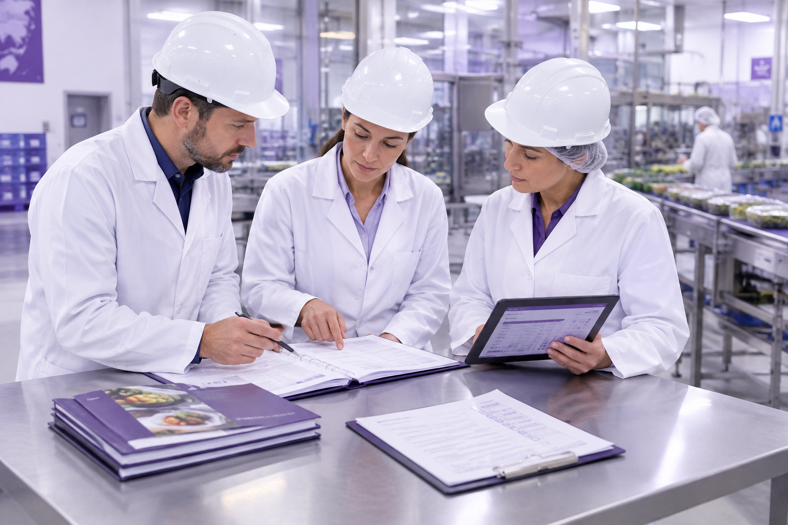 Equipo de auditoría alimentaria revisando documentación técnica y checklist de cumplimiento en una planta de producción