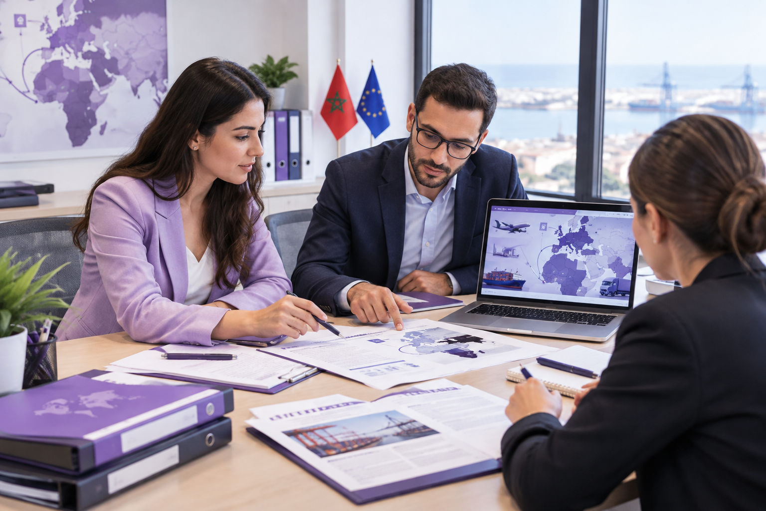 Equipo de consultoría internacional revisando documentación de importación y exportación en una mesa de trabajo con portátil, gráficos logísticos y carpetas de cumplimiento