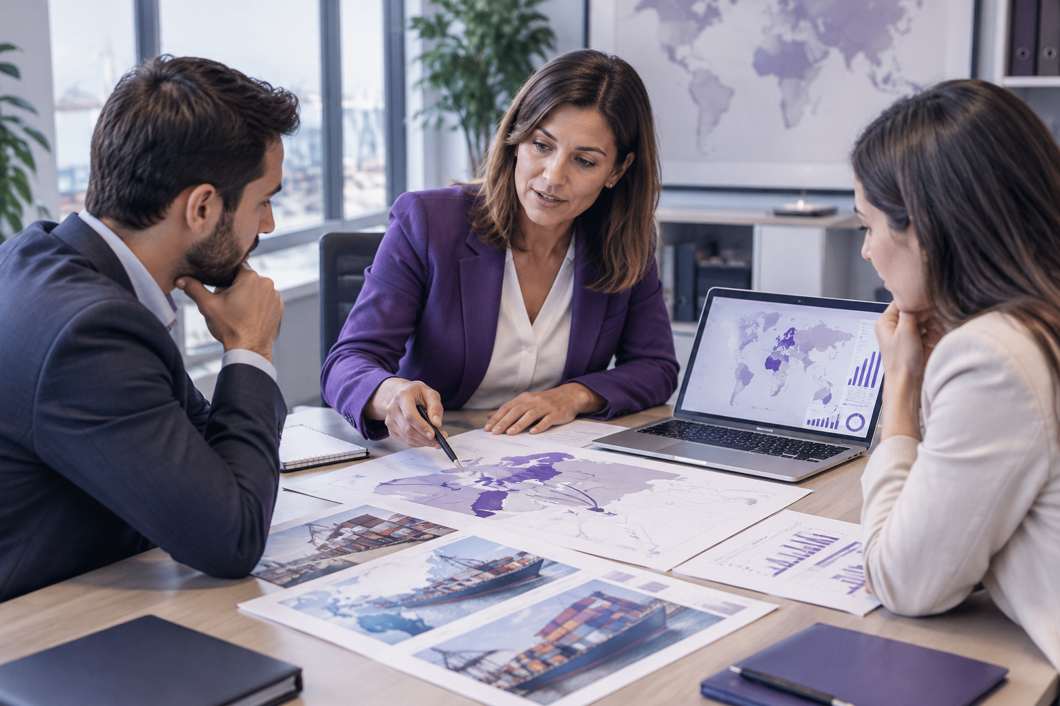 Consultora revisando un plan de expansión internacional con dos emprendedores en una mesa de trabajo con documentos comerciales