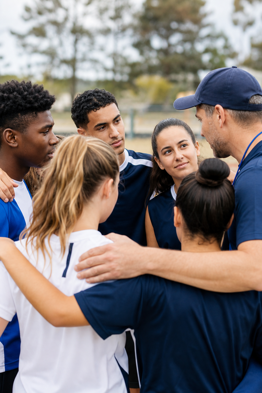 Christian athletes in a supportive team huddle, encouraging one another during training