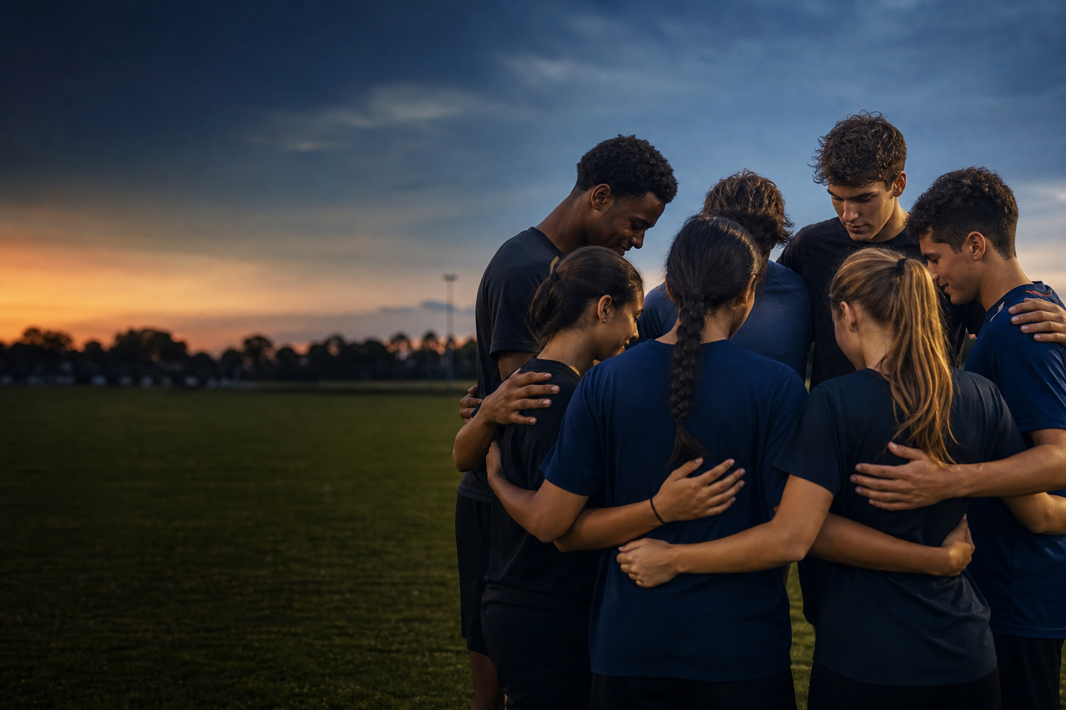 Athletes in a team huddle encouraging one another on a sports field, expressing unity, support, and community