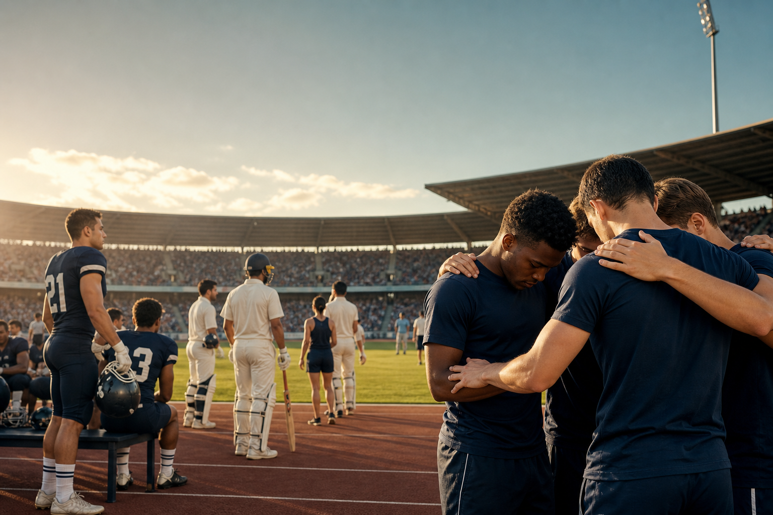 Photo-led sports ministry banner background with football, cricket, and athletics atmosphere