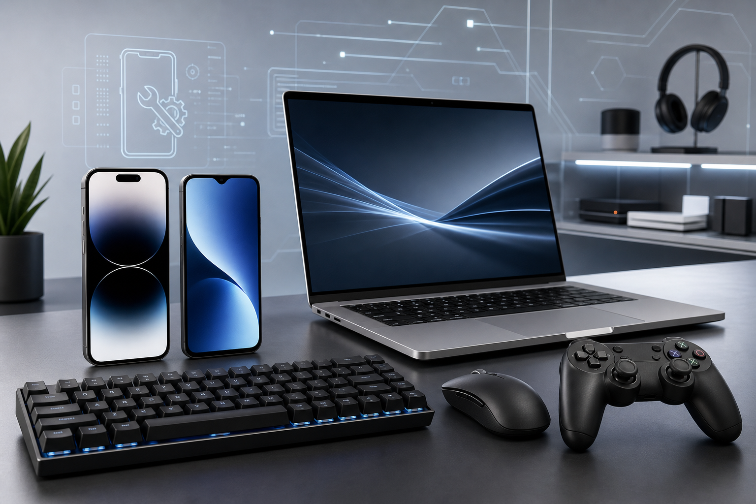 Premium technology product arrangement with modern smartphones, a compact laptop, wireless mouse, keyboard, gaming controller, and subtle digital dashboard motifs in a clean professional studio style