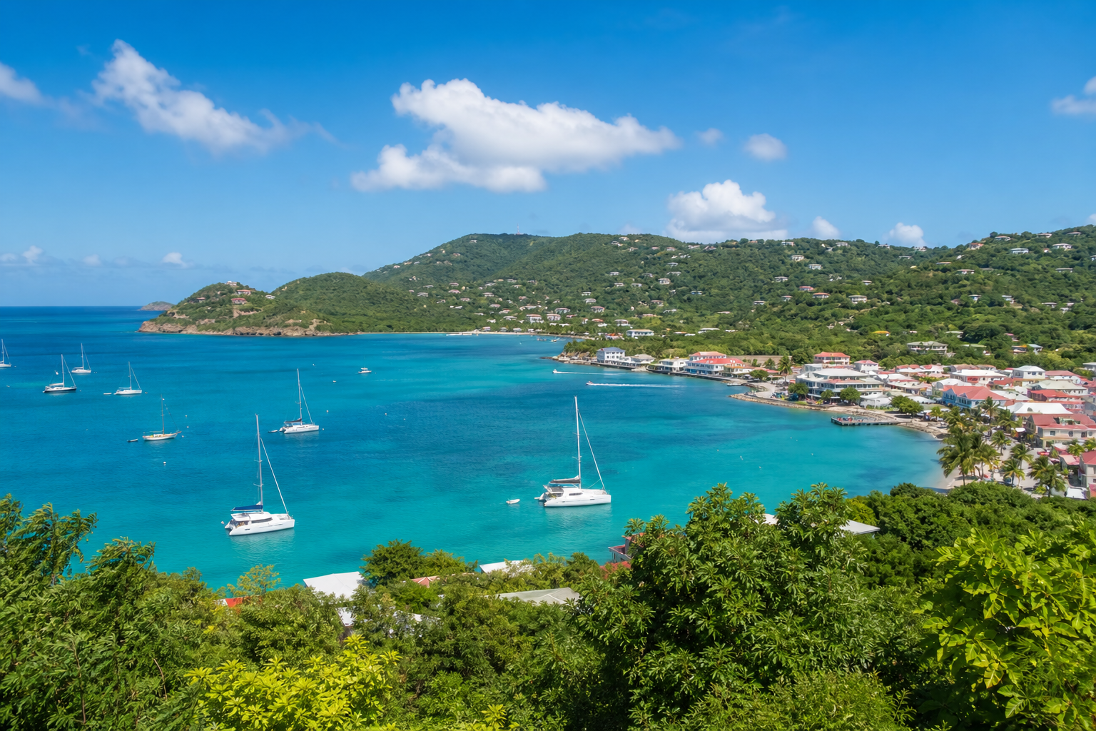 Coastal view over Cruz Bay, St. John with turquoise water, sailboats, and lush green hills