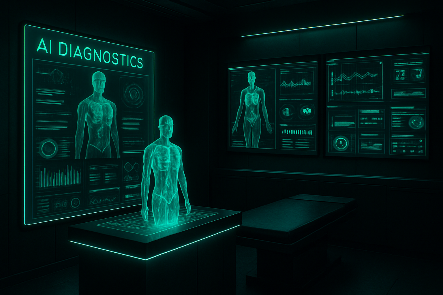 Centro clnico futurista con pantallas de datos mdicos, diagnstico por IA y visualizaciones de salud en tonos esmeralda