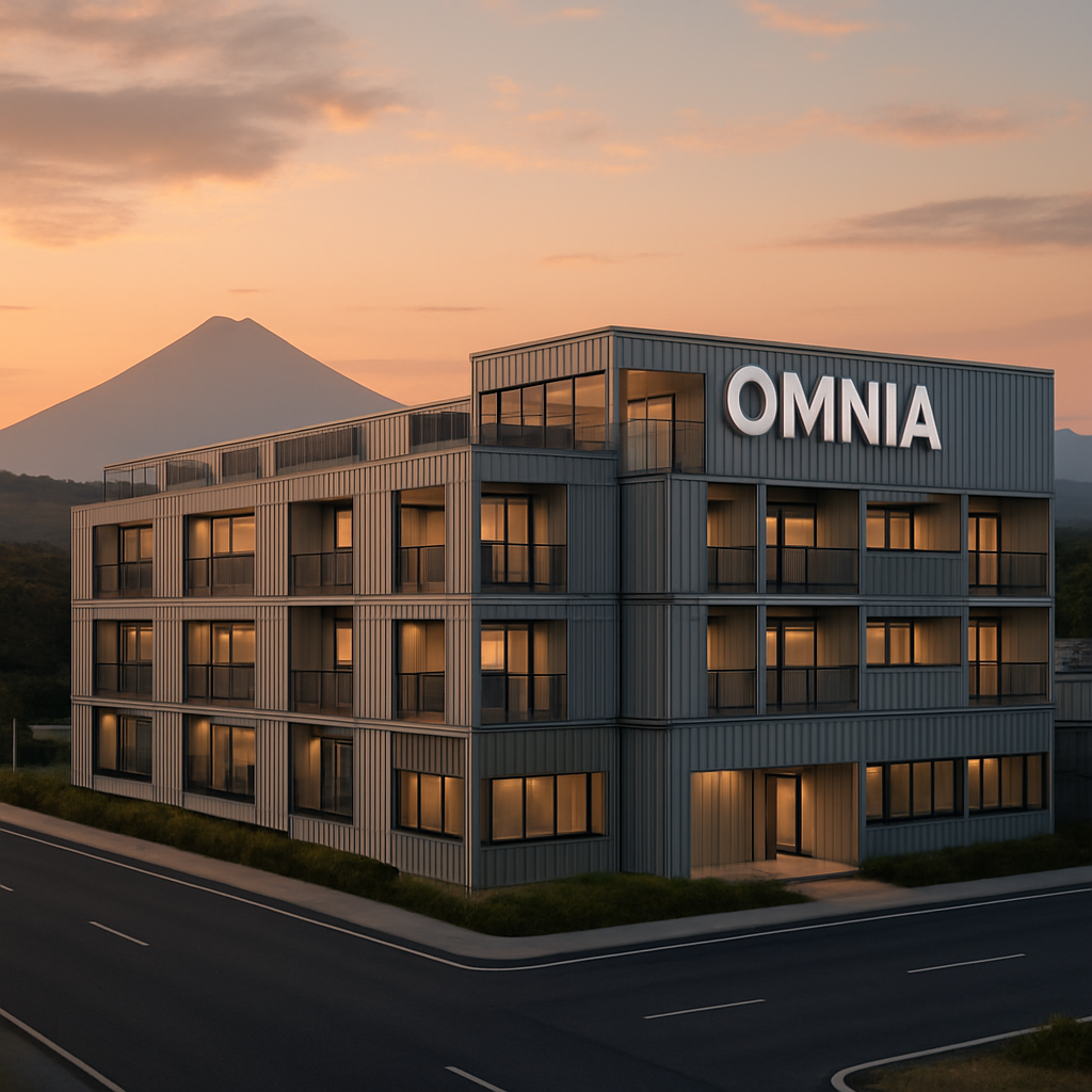 Edificio único integrado de 4 niveles con contenedores High Cube, despliegue sobre 12 manzanas y el Volcán de Izalco con el Cerro Verde al fondo