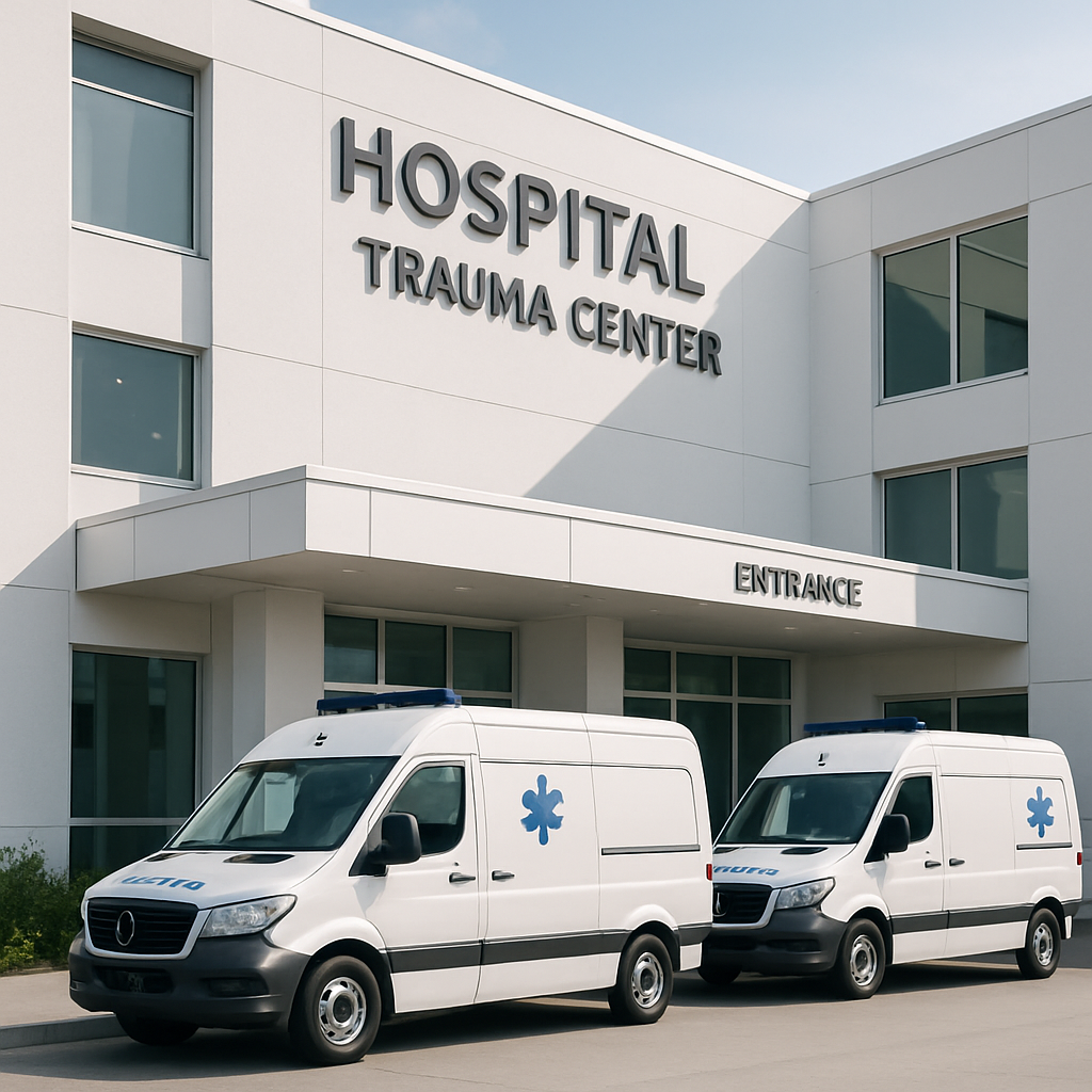 Ambulancias UCI modernas frente a centro clínico avanzado con iluminación institucional