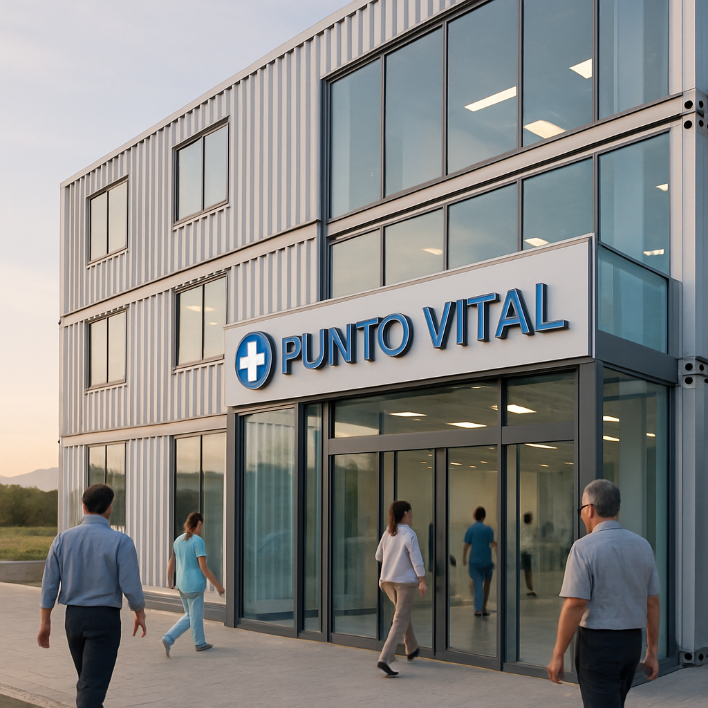 Nodo clínico y logístico dentro de un edificio único de 4 niveles en contenedores High Cube con Volcán de Izalco y Cerro Verde al fondo
