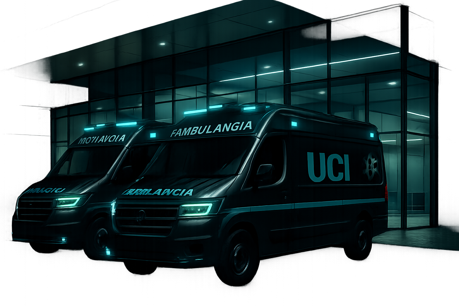 Ambulancias UCI modernas frente a centro clínico avanzado con iluminación institucional