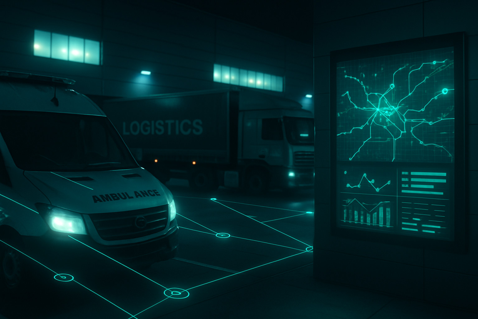 Centro logstico inteligente con flota de ambulancias y camiones conectados, rutas digitales y control de suministros crticos