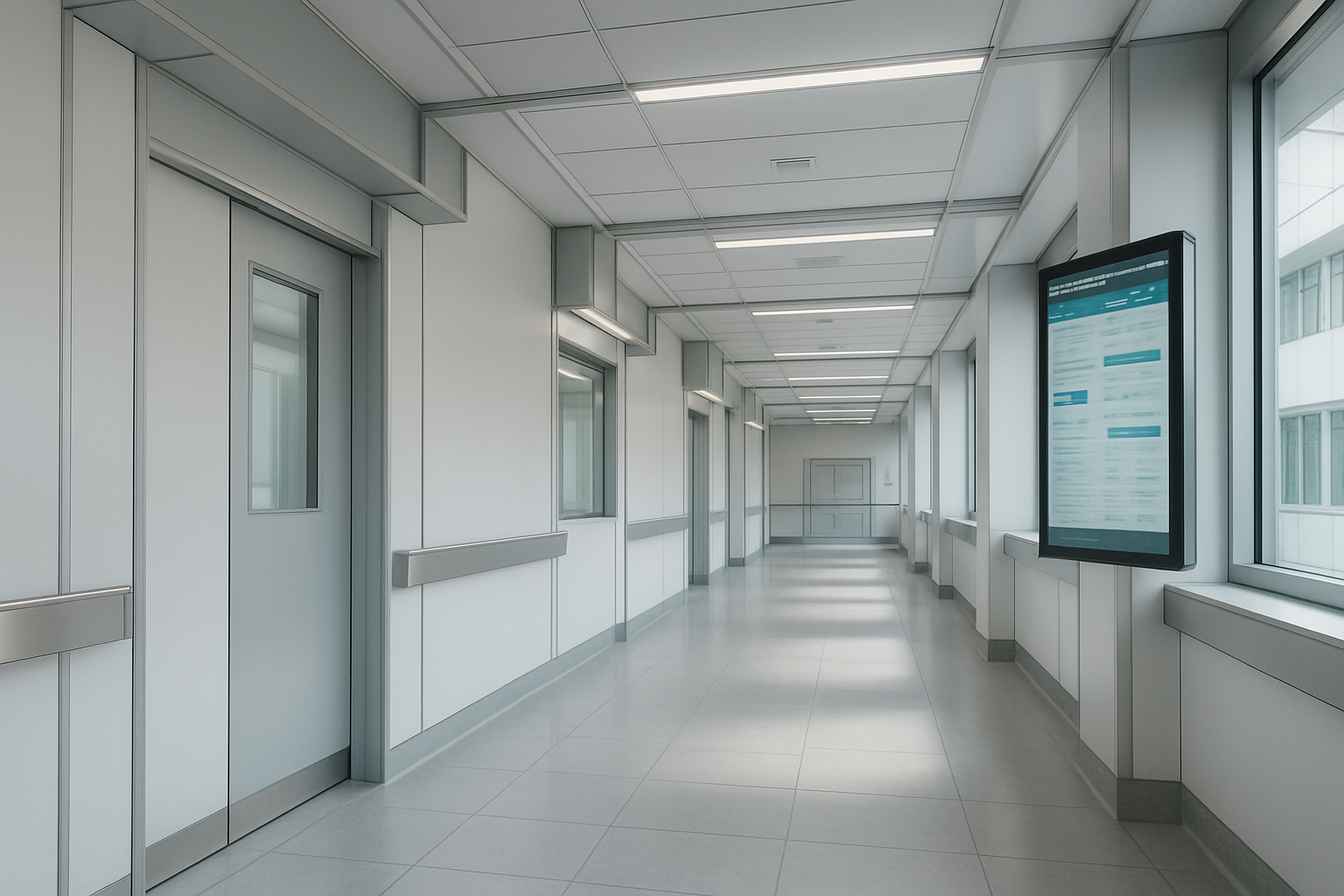 Hospital de alta tecnologeda con arquitectura modular, salas clednicas luminosas y paneles digitales en un entorno me9dico moderno