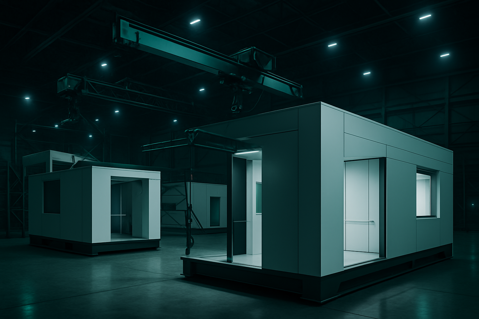 Plataforma de ensamblaje modular mdico con mdulos arquitectnicos avanzados y brazos de izaje en un hangar tdcnico