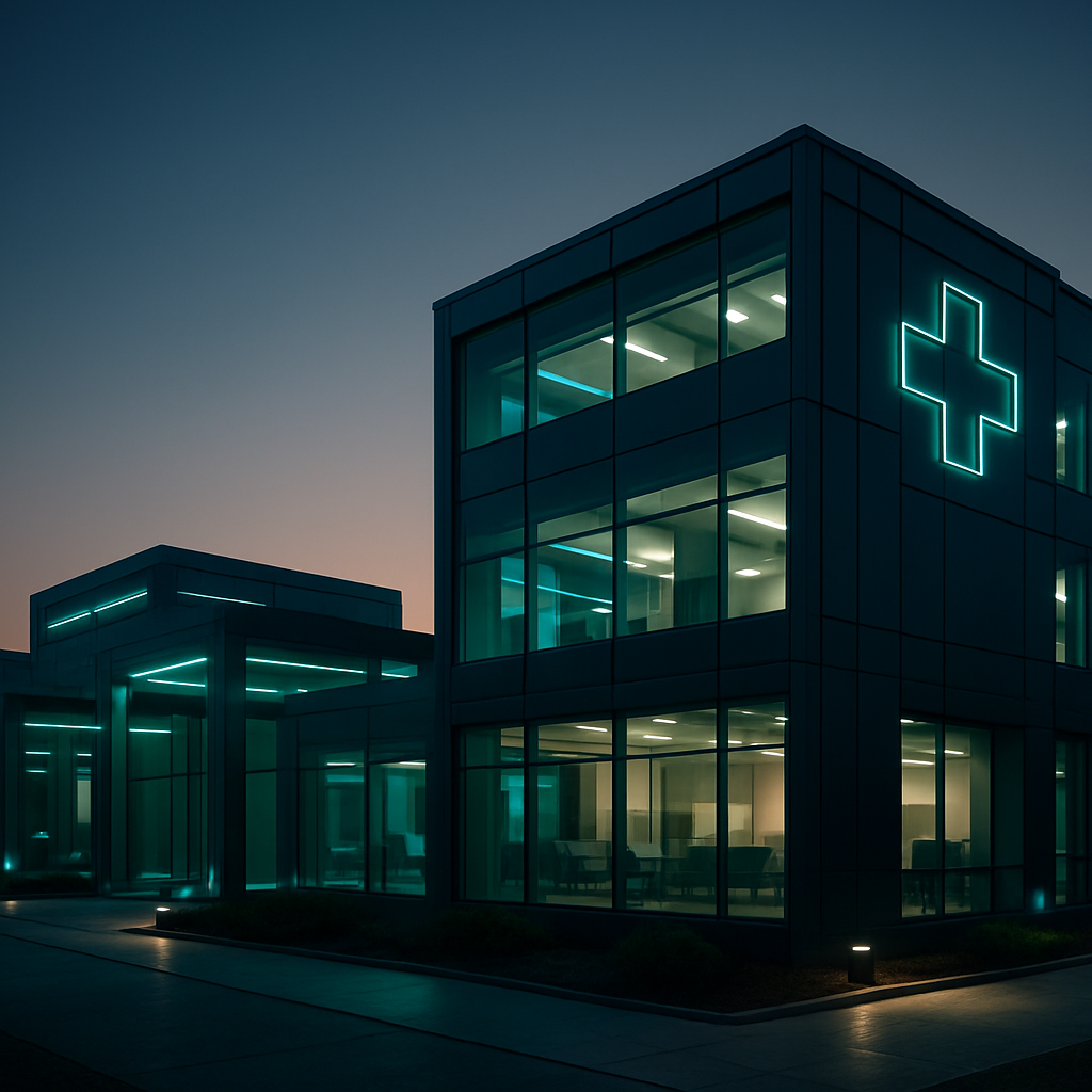 Complejo corporativo futurista con módulos médicos de acero y vidrio en un entorno urbano premium, iluminación suave y detalles verdes