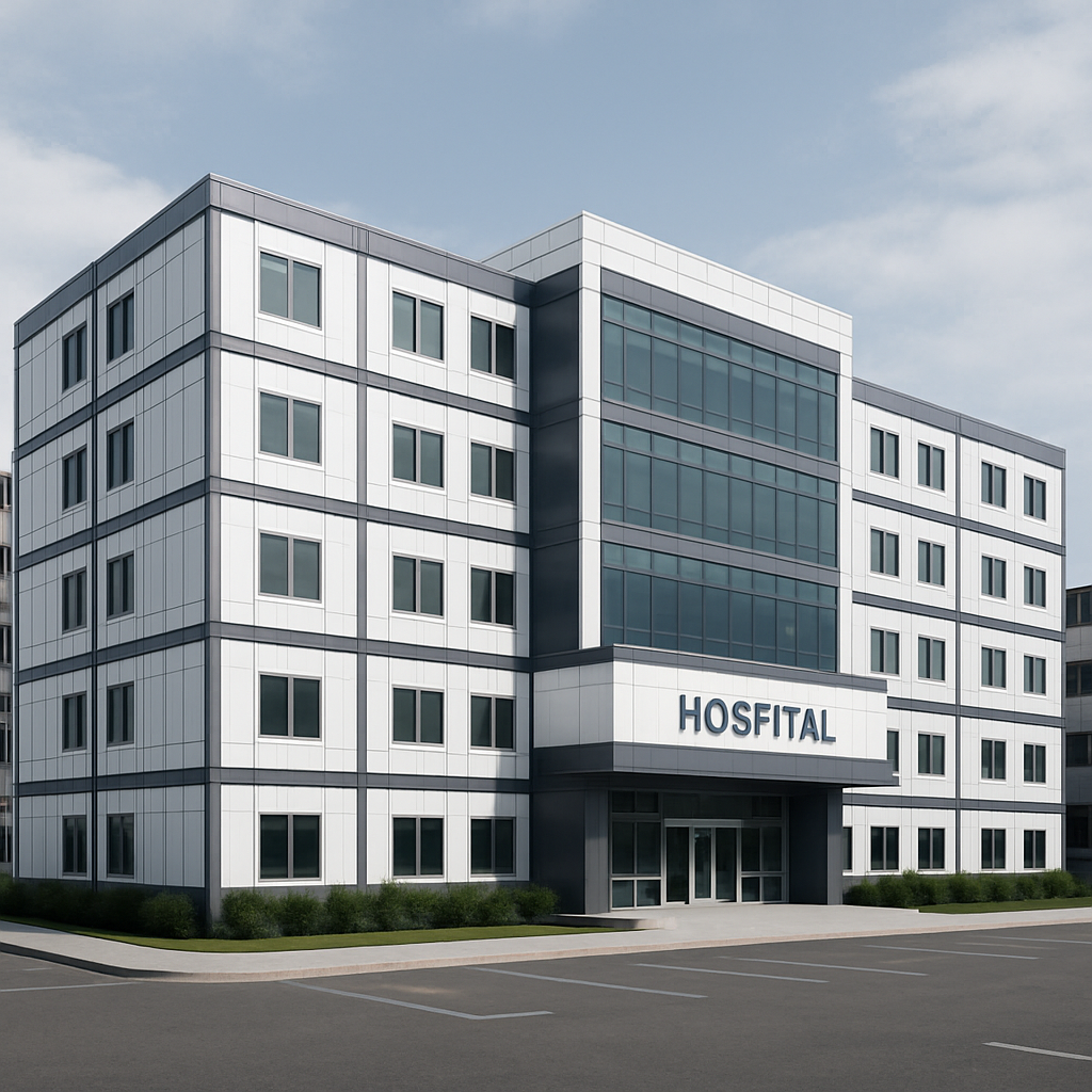 Complejo corporativo futurista con módulos médicos de acero y vidrio en un entorno urbano premium, iluminación suave y detalles verdes