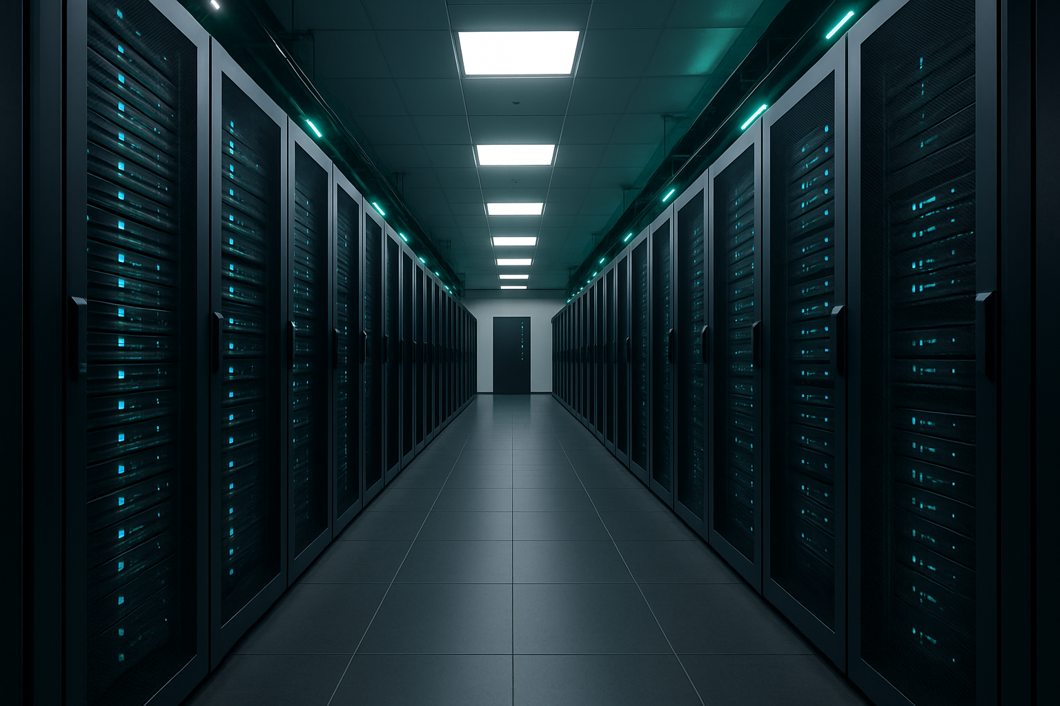 Centro de datos corporativo con racks de servidores de alta densidad y paneles de luz fría, ambiente limpio y tecnológico