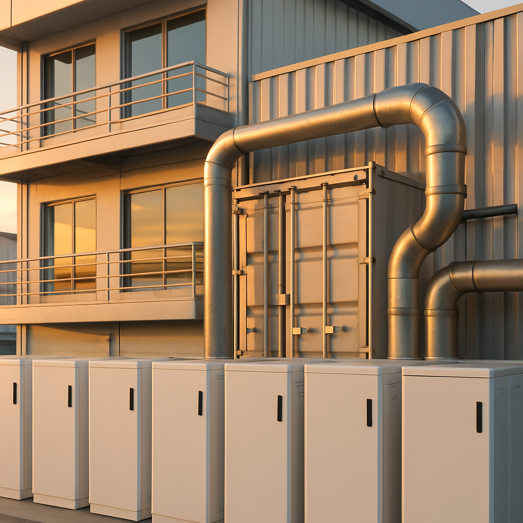 Micro-red Industrial Híbrida gestionada por IA y conectada a CLESA integrada a un edificio único de 4 niveles en contenedores High Cube con Volcán de Izalco y Cerro Verde al fondo