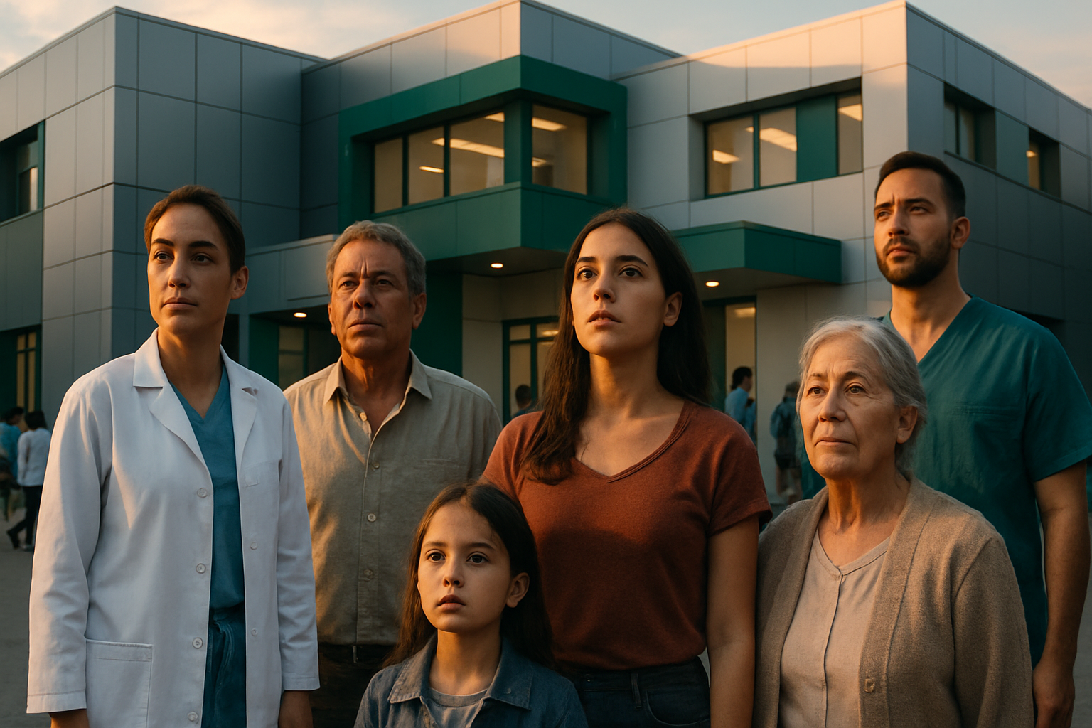 Equipo médico y comunidad en Sonsonate al amanecer, con un centro modular moderno al fondo, rostros esperanzados, luz cálida y atmósfera realista de urgencia y humanidad