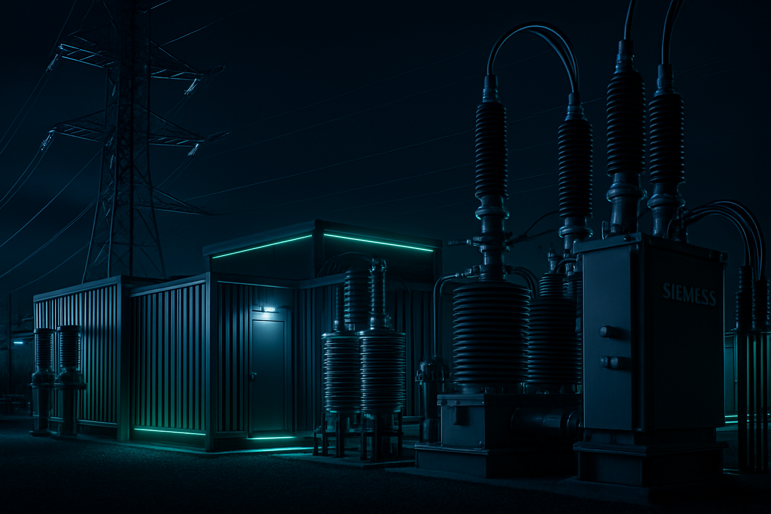 Microred industrial con infraestructura Siemens, torres de energa y subestaciones modulares en un entorno nocturno de alta tecnologa