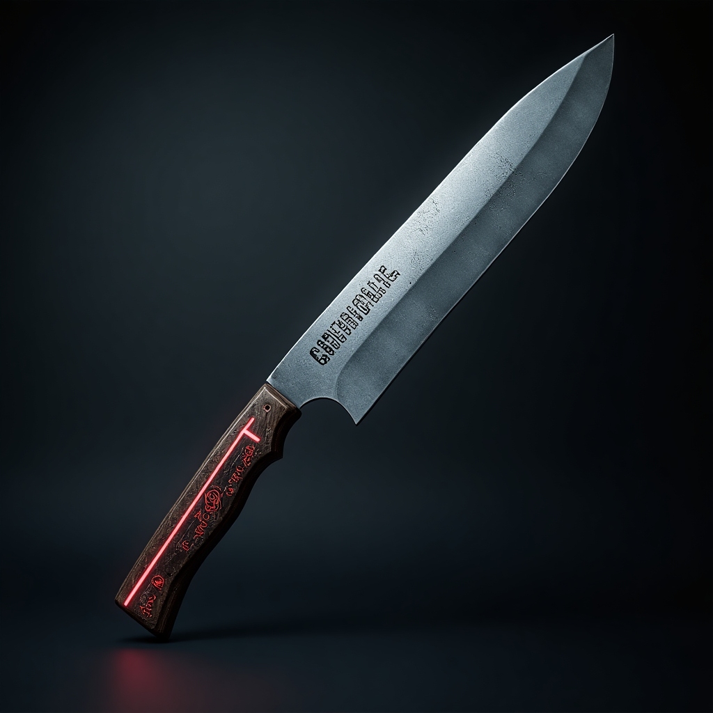 Code Cleaver – realistic, broad carbon steel blade with binary-etched handle, lifelike texture, studio lighting, tech-inspired collectible