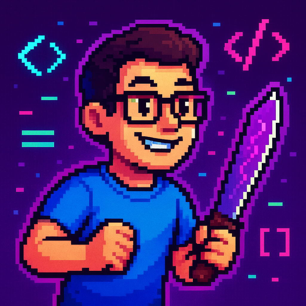 Pixel art developer avatar with a novelty machete and neon accents