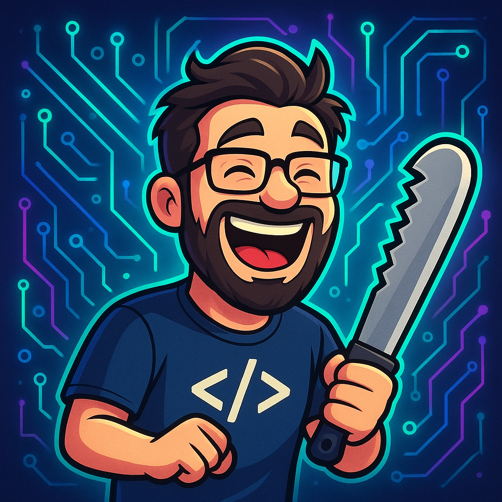 Cartoon developer avatar laughing, holding a novelty machete