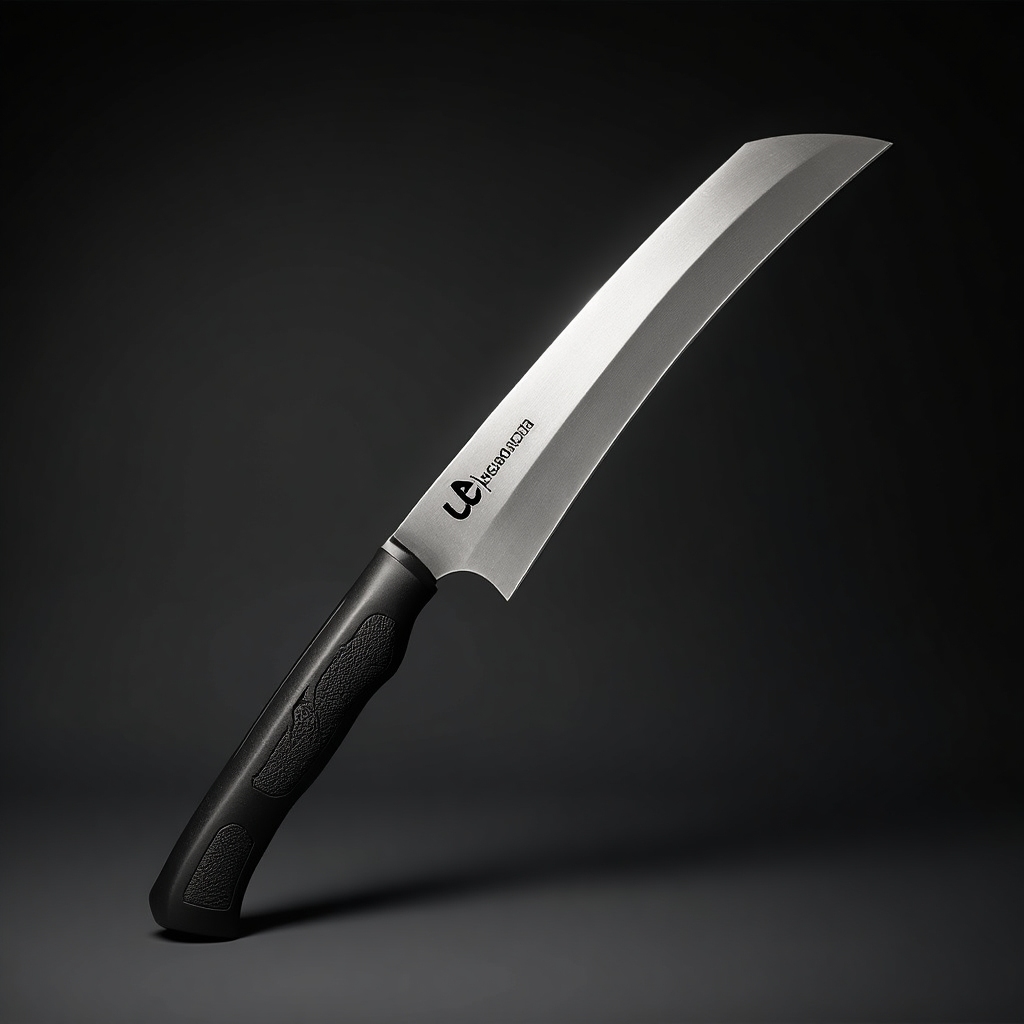 Stack Slicer – realistic, stacked brushed steel blade with ergonomic handle, lifelike, detailed collectible, tech-studio lighting