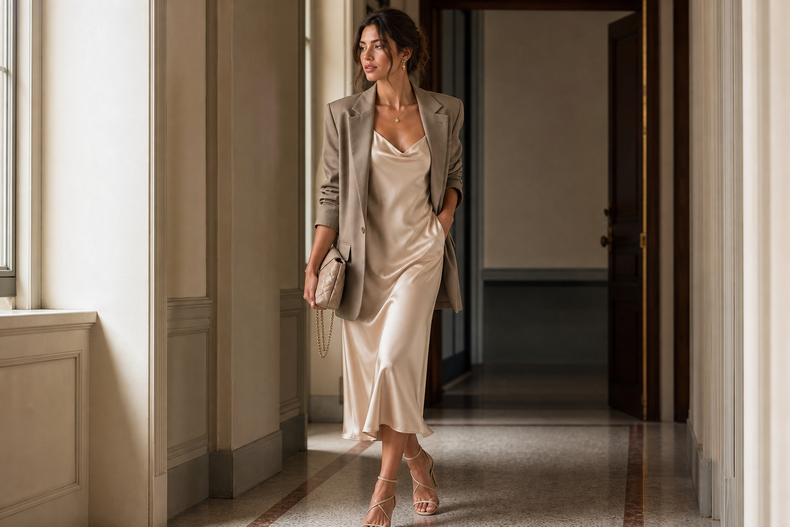 Champagne satin slip dress styled with an oversized blazer and strappy heels in a softly lit hallway