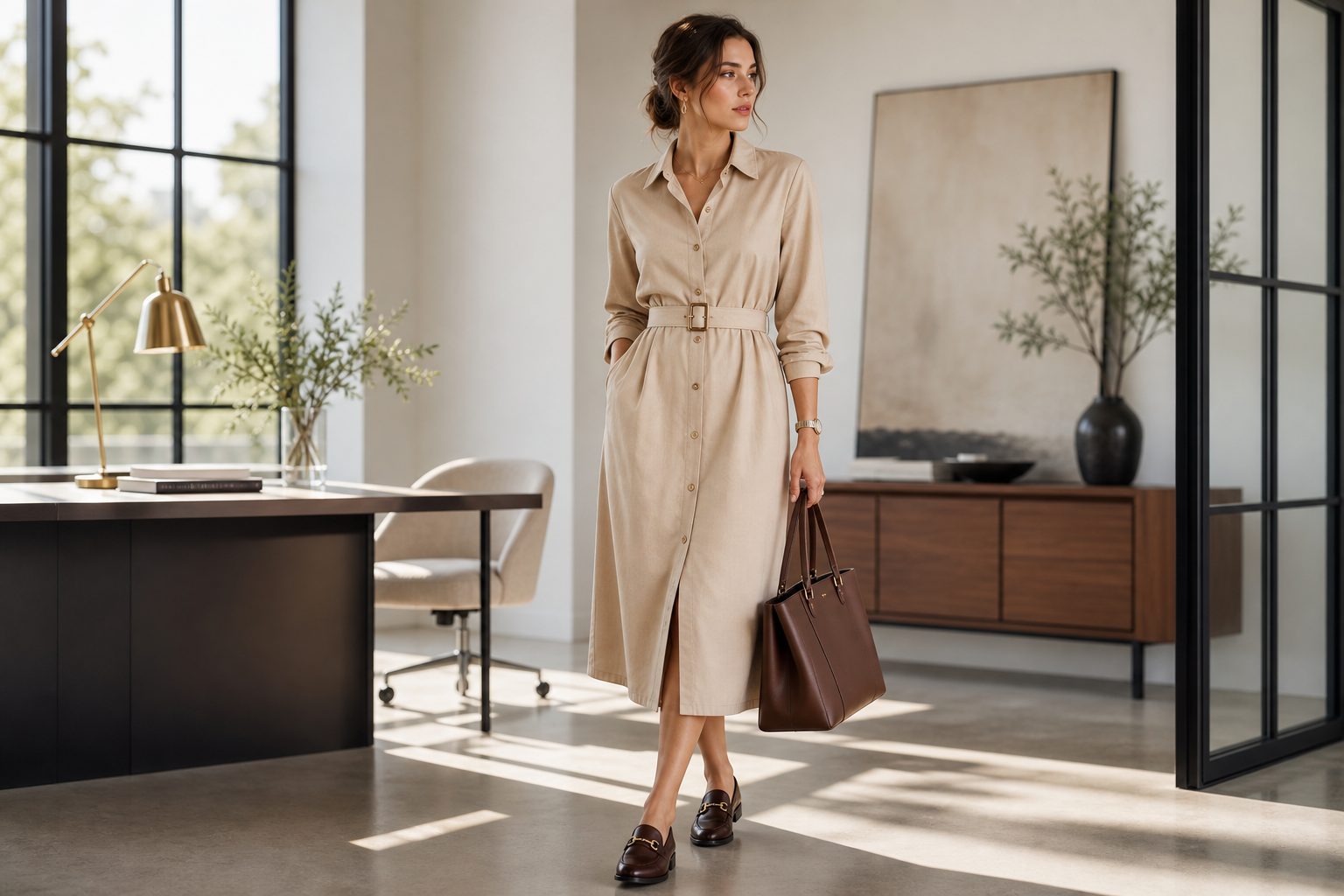 Beige belted shirt dress styled with loafers and a structured tote inside a bright studio office