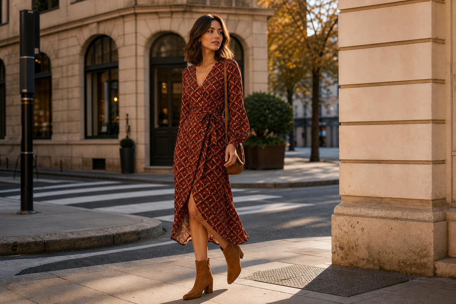Model wearing a rust-toned geometric print wrap dress with tan ankle boots on an urban corner