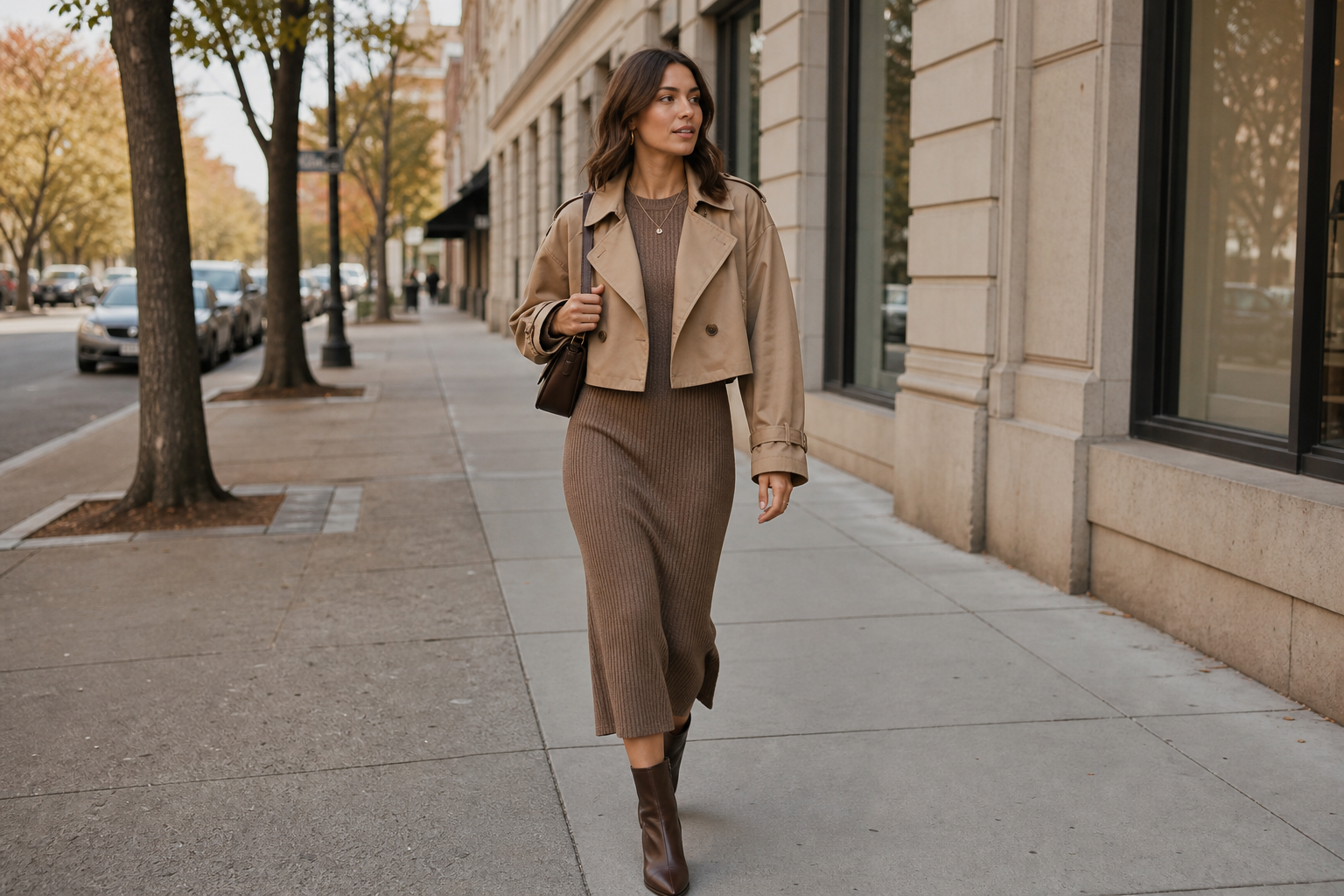 Model in a ribbed mocha knit midi dress layered with a cropped trench on a city sidewalk
