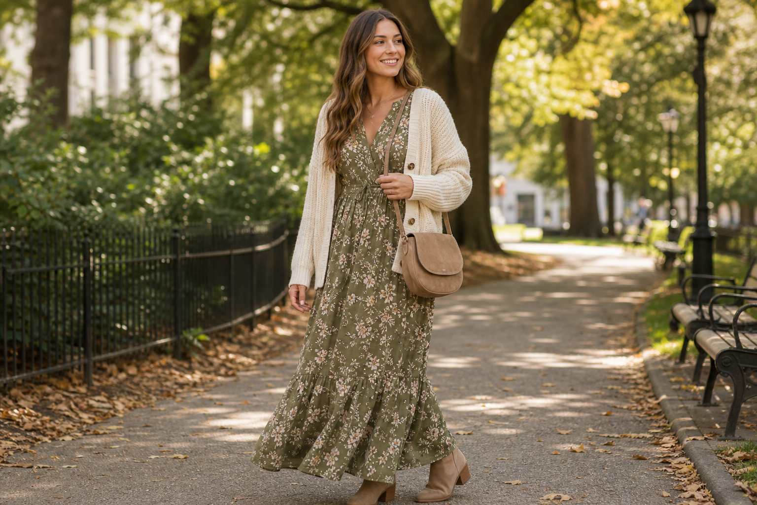Olive floral maxi dress with a cream cardigan and suede crossbody bag in a park setting