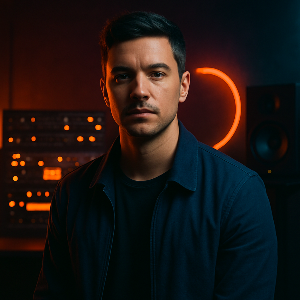 Moody studio portrait of a musician with short dark hair wearing a deep indigo jacket, standing in front of softly glowing audio equipment and neon accent lights