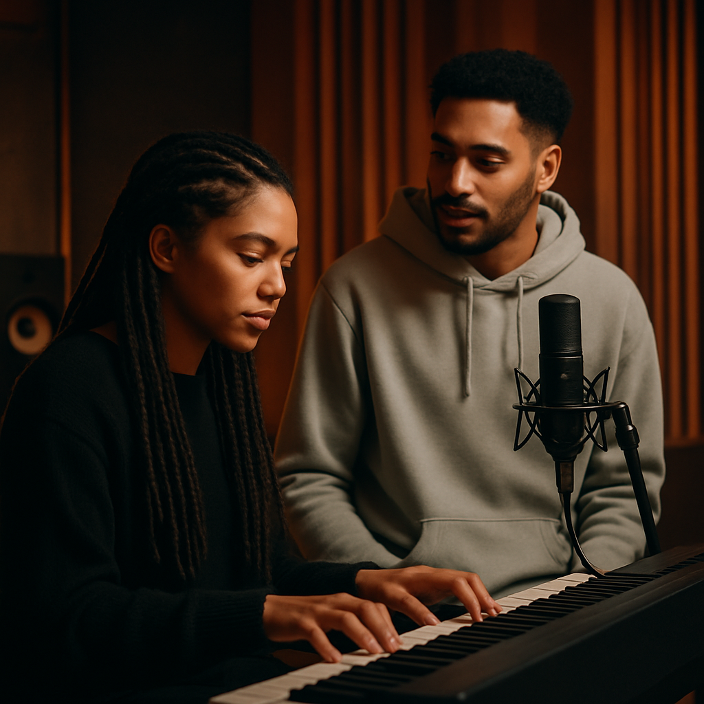 Two musicians in a modern studio, one with braided hair at a keyboard and another in a light gray hoodie near a microphone, surrounded by warm wood panels