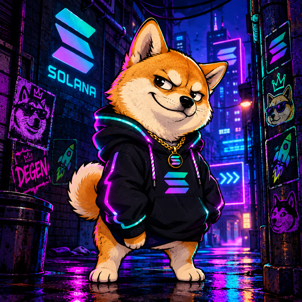 Cartoon-style Dylan Inu character, a mischievous tan-and-cream Shiba-like dog in a neon streetwear hoodie with degen energy
