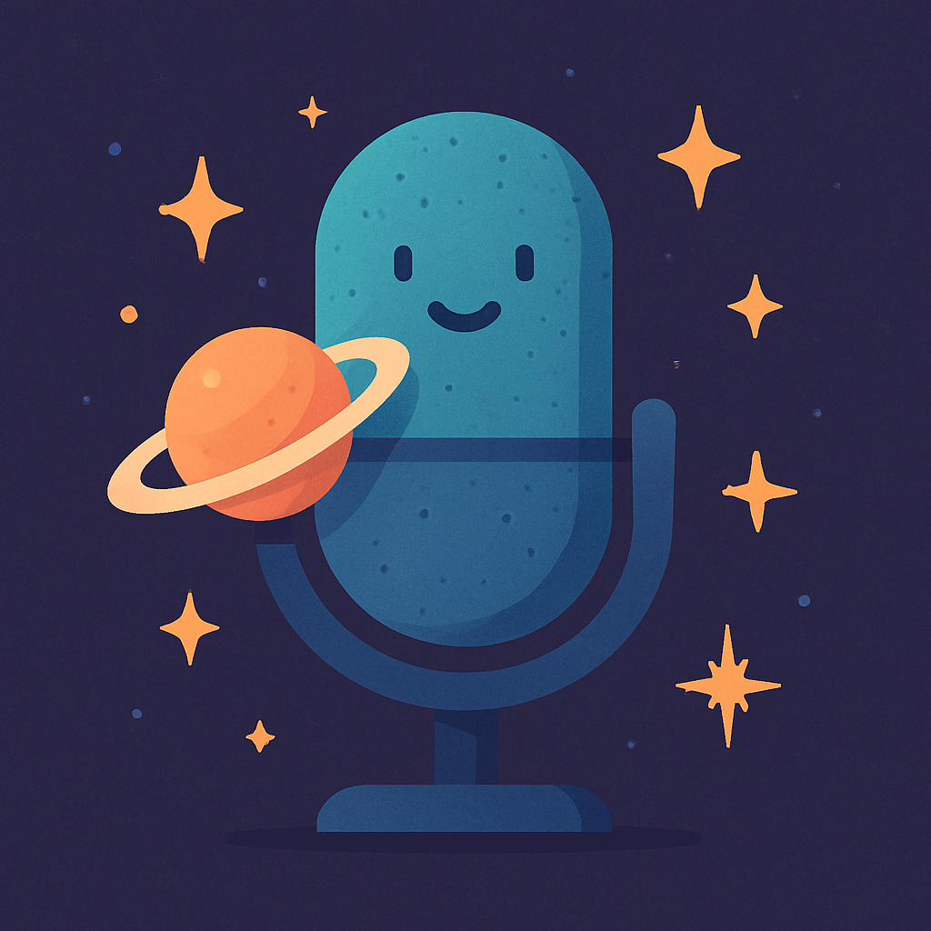 Microphone with planet and stars, representing podcast