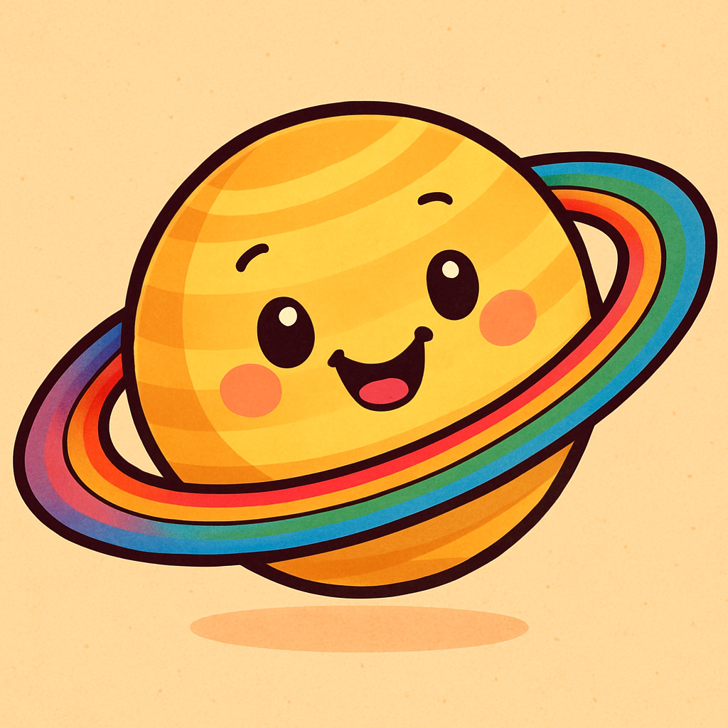 Cartoon Saturn with a friendly face and colorful rings