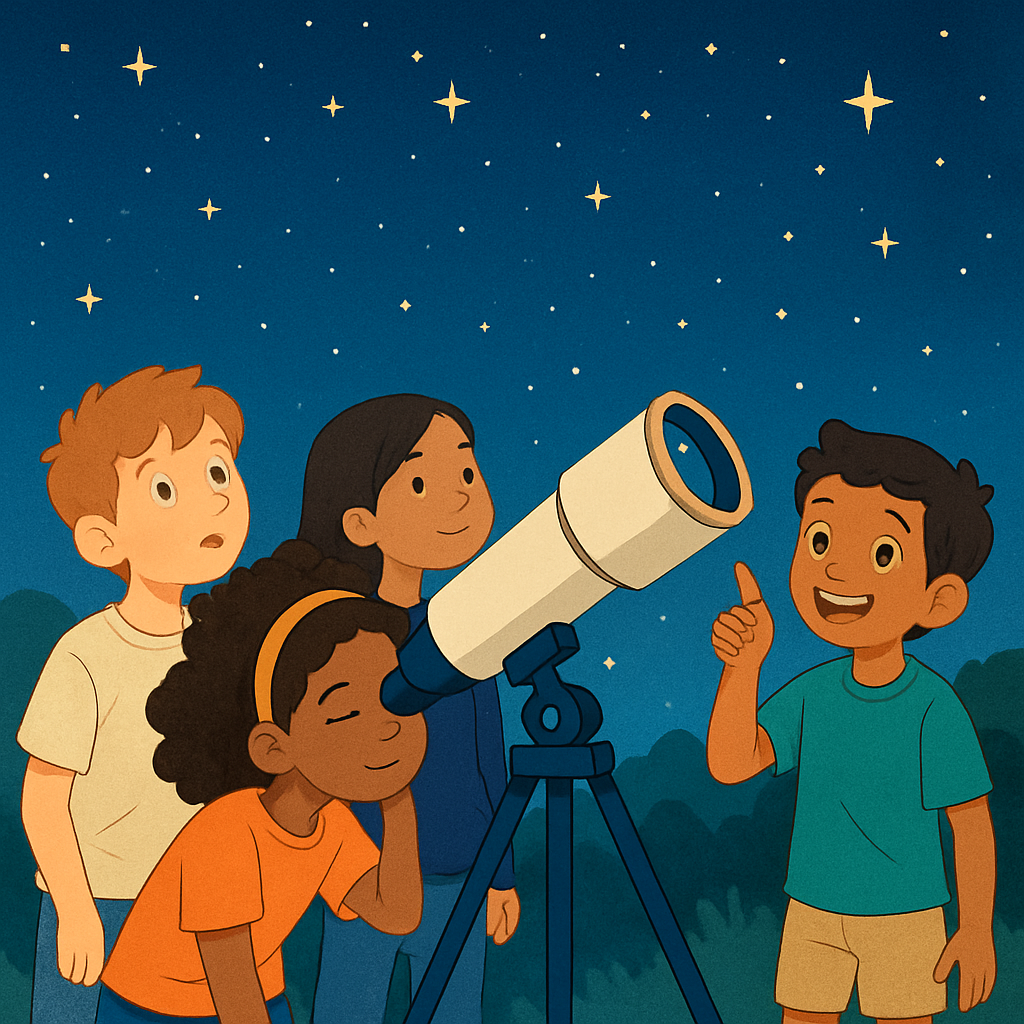 Children looking through a telescope under a starry sky