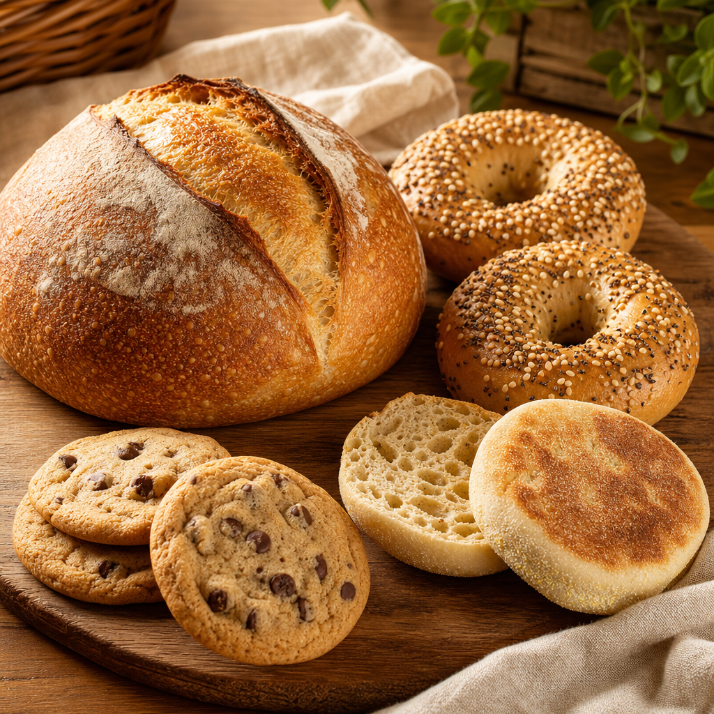 Rustic spread of sourdough loaves, bagels, cookies, and English muffins on a wooden table