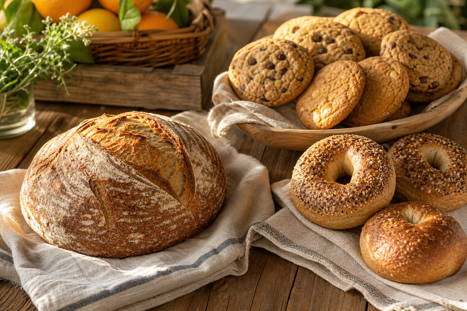 Rustic wooden table with freshly baked sourdough, bagels, and cookies in warm natural light