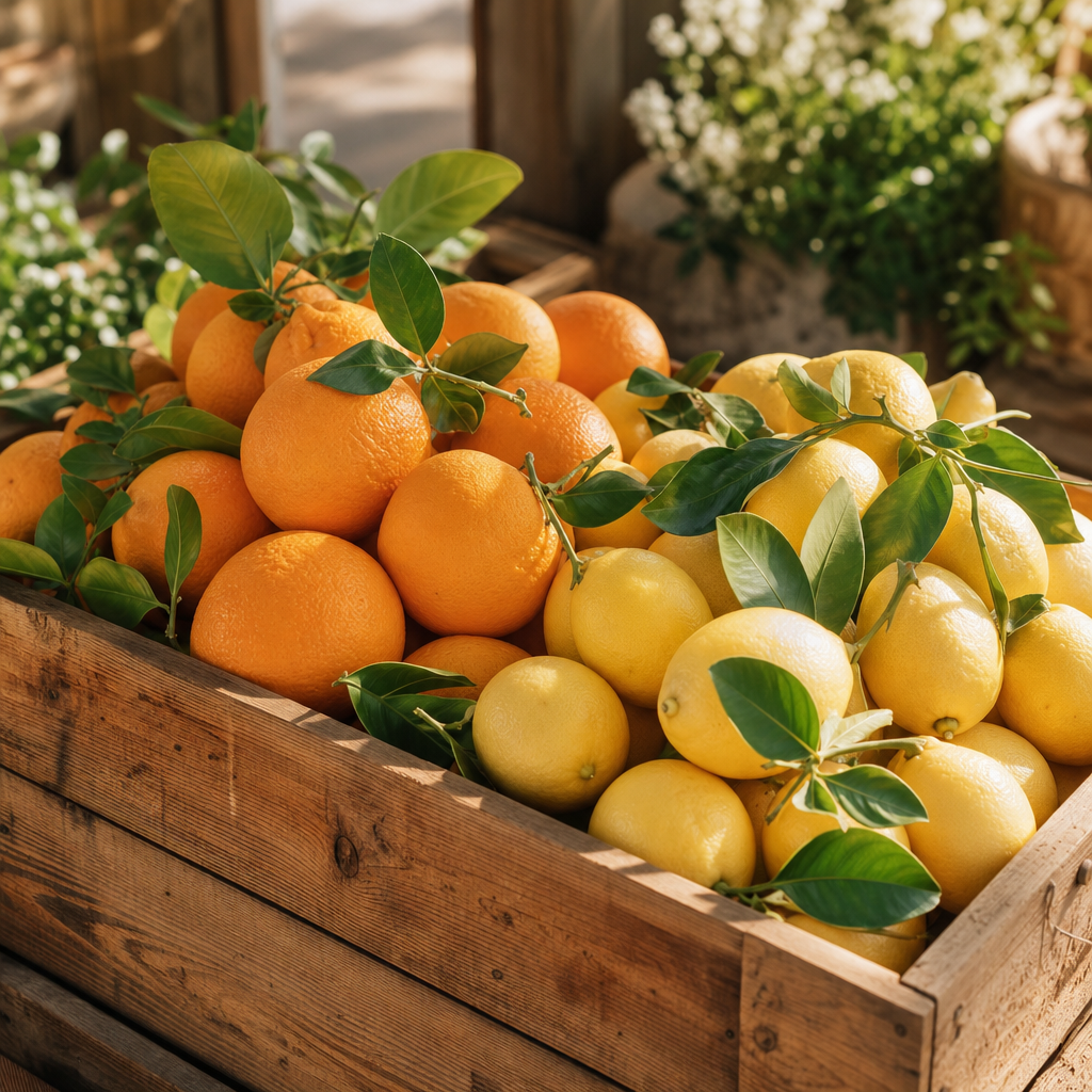 Wooden crate filled with bright oranges and lemons at a sunny farm stand