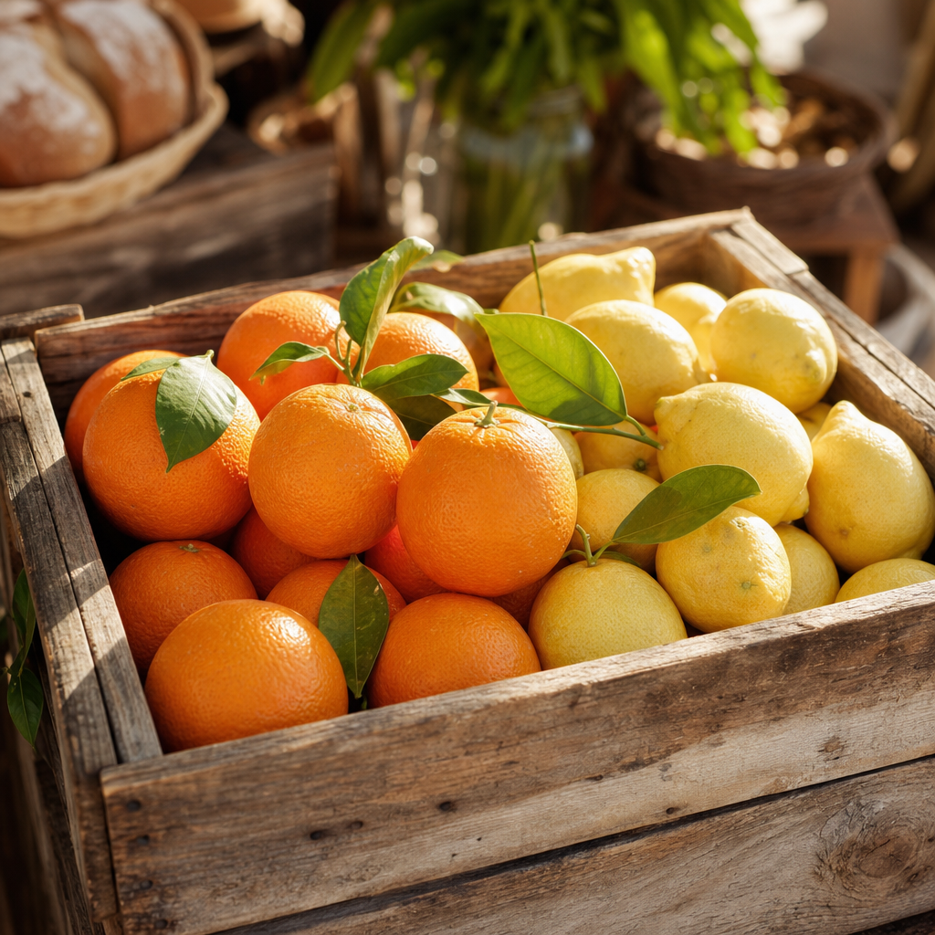 Crate of bright oranges and lemons at a farm stand with greenery and sunlight
