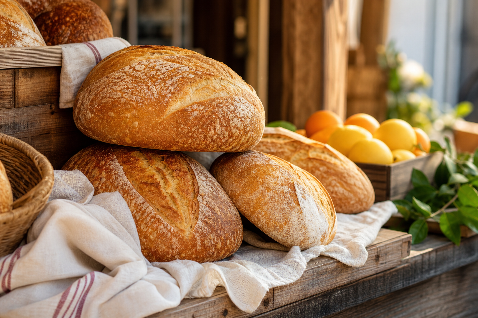 Golden sourdough loaves stacked on a rustic wooden farm-stand table with linen towels