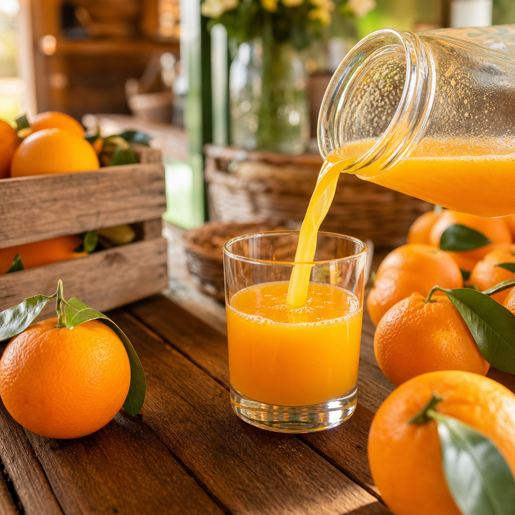 Glass jar pouring fresh squeezed orange juice beside whole oranges