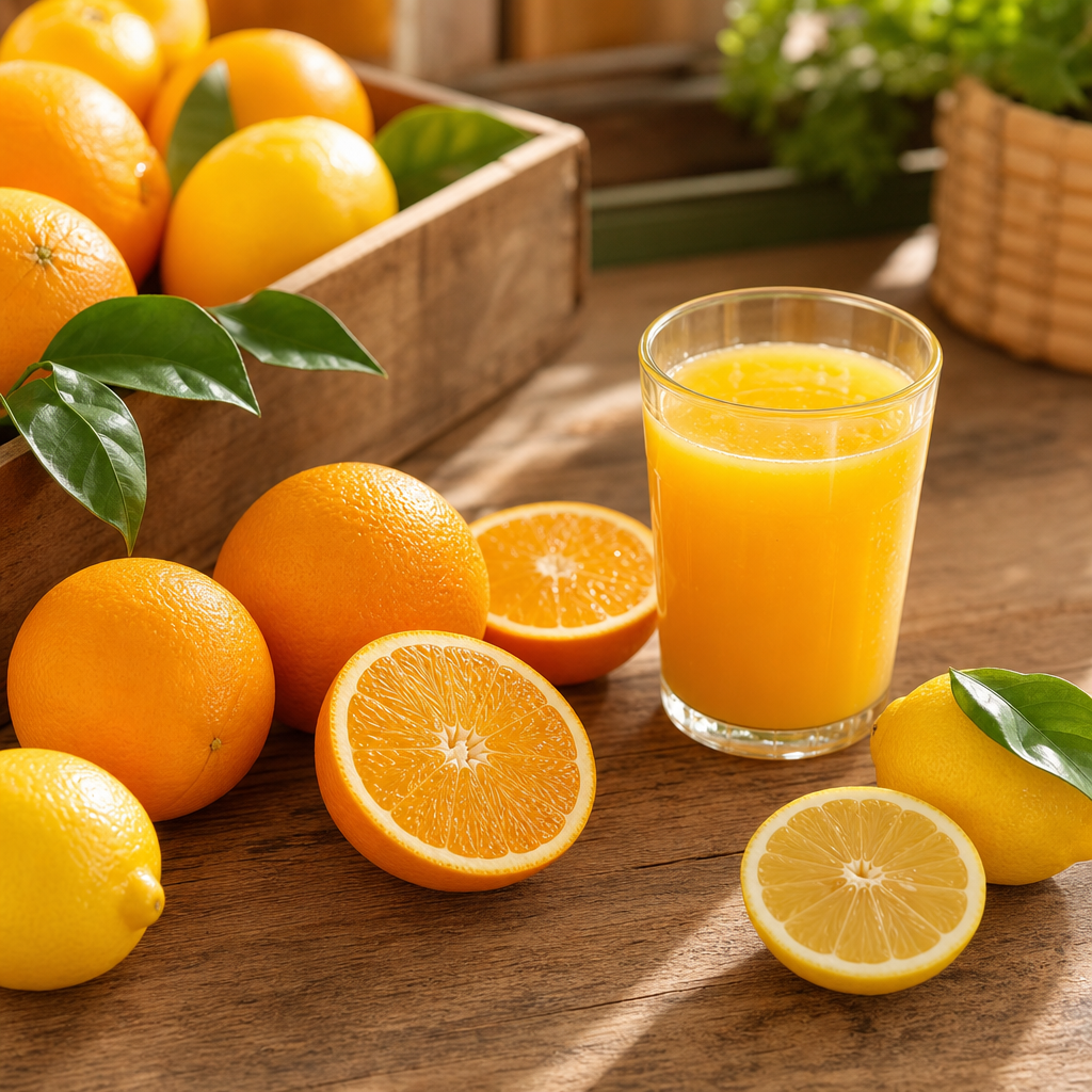 Bright lemons and oranges beside a glass of fresh squeezed orange juice