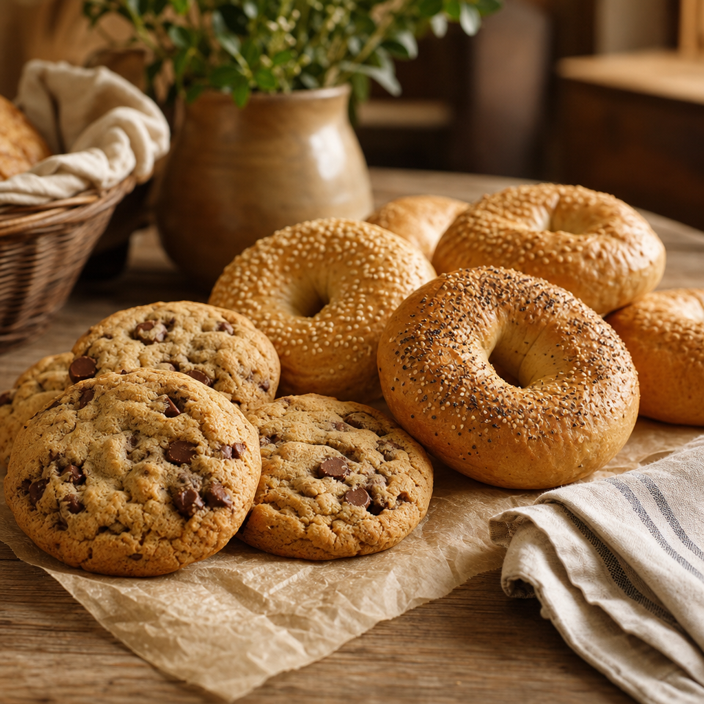 Freshly baked cookies and bagels cooling on parchment with a linen napkin